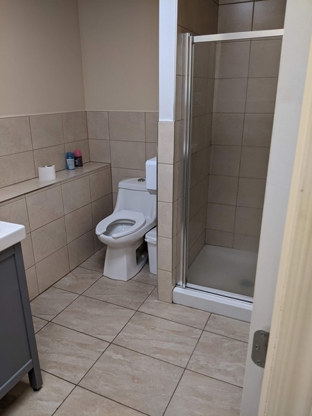 Salle de toilette à cabinet unique et douche avec seuil