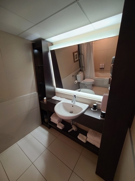 Lavabo accessible dans la salle de bain de la chambre adaptée