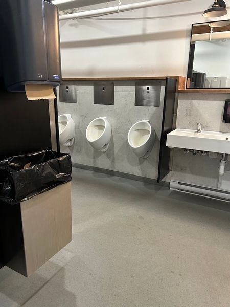 Salle de toilette des hommes : lavabos 
